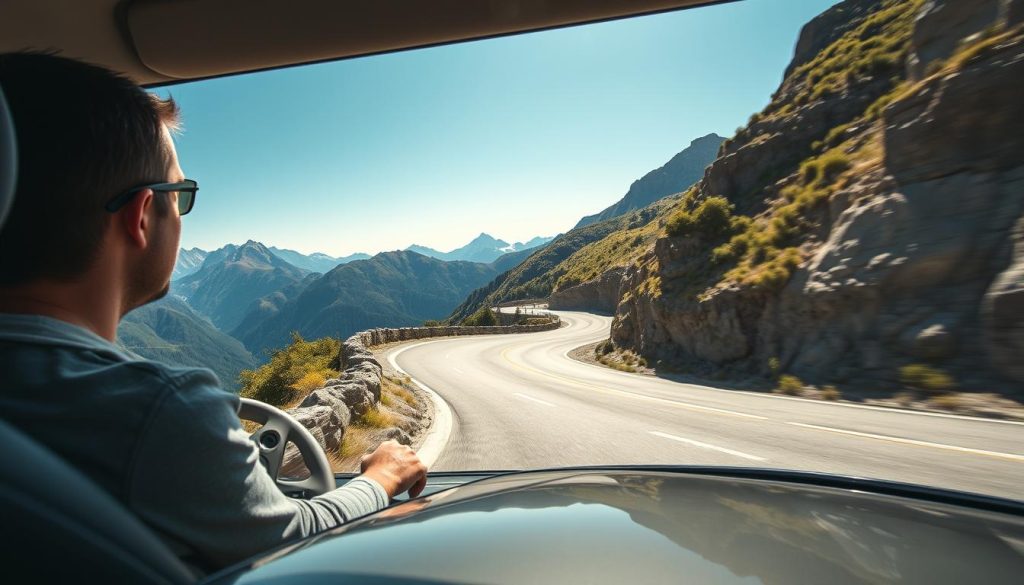 A breathtaking mountain road featuring a tight hairpin turn, showcasing a skilled driver navigating the curve in a modern car. In the foreground, the focused driver is wearing a seatbelt and is dressed in casual yet professional driving attire. The car's sleek design emphasizes the art of driving on challenging terrains, with its tires gripping the asphalt. The middle ground captures the intricately winding road, surrounded by lush greenery and rocky outcrops, indicating the elevation and sharp turns. In the background, majestic mountains rise under a clear blue sky, creating a sense of adventure and challenge. The lighting is bright and vibrant, suggesting a sunny day. The atmosphere is dynamic yet serene, evoking a feeling of precision and control in driving techniques on mountainous roads.