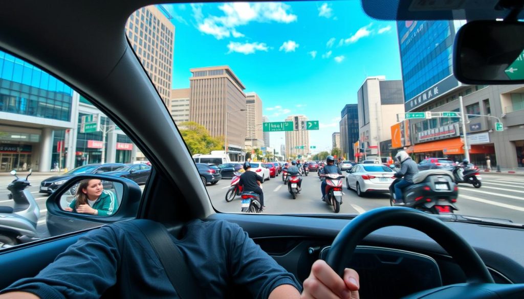 A bustling urban intersection in Taichung City, showcasing a complex network of roads filled with cars and scooters. In the foreground, a driver is preparing to make a left turn, displaying focused determination. The driver is dressed in casual yet professional attire, wearing a seatbelt, with a clear view of their calm expression. In the middle ground, various scooters and vehicles are approaching, illustrating the challenge of merging traffic. The background features modern buildings and traffic signals under a bright blue sky, capturing the lively atmosphere of the city. Use soft, natural lighting to emphasize the time of day, and a slight tilt-angle perspective to create a sense of motion. The overall mood is dynamic yet cautious, highlighting the importance of defensive driving strategies in urban settings. A bustling urban intersection in Taichung City, showcasing a complex network of roads filled with cars and scooters. In the foreground, a driver is preparing to make a left turn, displaying focused determination. The driver is dressed in casual yet professional attire, wearing a seatbelt, with a clear view of their calm expression. In the middle ground, various scooters and vehicles are approaching, illustrating the challenge of merging traffic. The background features modern buildings and traffic signals under a bright blue sky, capturing the lively atmosphere of the city. Use soft, natural lighting to emphasize the time of day, and a slight tilt-angle perspective to create a sense of motion. The overall mood is dynamic yet cautious, highlighting the importance of defensive driving strategies in urban settings.