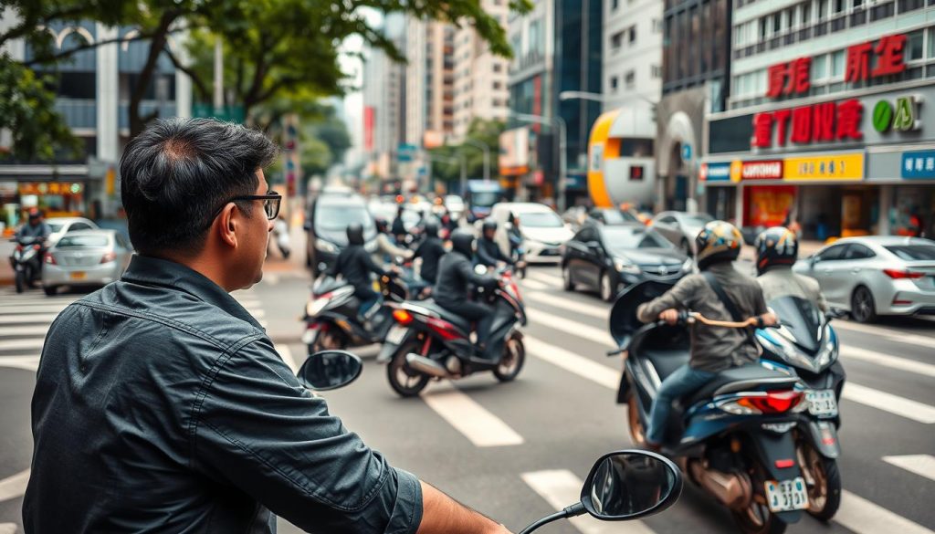 A bustling urban intersection in Taichung, Taiwan, showcasing a complex blend of motorcycles and cars navigating through a busy roadway. In the foreground, a professional driver attentively observes the traffic, dressed in modest casual clothing, exuding focus and determination. The middle ground is filled with various vehicles, including scooters and cars, maneuvering cautiously around the intersection, reflecting the complexity of urban driving. The background captures high-rise buildings and vibrant storefronts, subtly blurred to emphasize the action in the foreground. The scene is illuminated with natural daylight, creating a lively, slightly tense atmosphere. The angle is a slightly elevated perspective, providing a comprehensive view of the intersection dynamics while maintaining a sense of safety and vigilance. A bustling urban intersection in Taichung, Taiwan, showcasing a complex blend of motorcycles and cars navigating through a busy roadway. In the foreground, a professional driver attentively observes the traffic, dressed in modest casual clothing, exuding focus and determination. The middle ground is filled with various vehicles, including scooters and cars, maneuvering cautiously around the intersection, reflecting the complexity of urban driving. The background captures high-rise buildings and vibrant storefronts, subtly blurred to emphasize the action in the foreground. The scene is illuminated with natural daylight, creating a lively, slightly tense atmosphere. The angle is a slightly elevated perspective, providing a comprehensive view of the intersection dynamics while maintaining a sense of safety and vigilance.