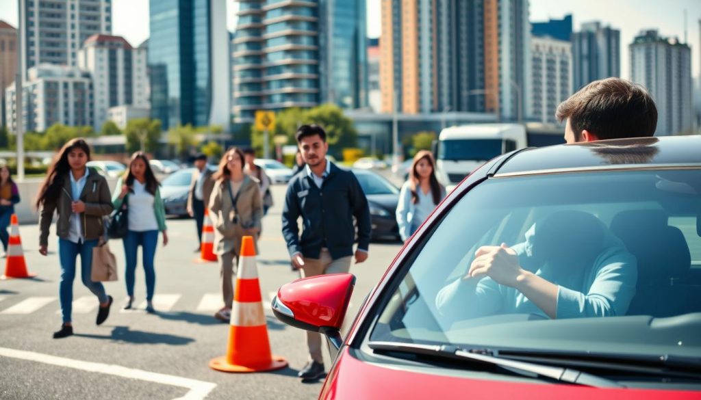 A bustling urban setting for a driving training program, focusing on a diverse group of individuals engaged in practical driving lessons. In the foreground, a professional driving instructor, wearing a smart uniform, is guiding a student in a compact car, ensuring proper safety techniques. The middle ground features students practicing their driving skills on a marked training course, with traffic cones and directional signs visible. In the background, a cityscape with modern buildings and traffic, creating a realistic urban atmosphere. Natural daylight illuminates the scene, enhancing clarity and warmth. The image conveys a sense of education, progress, and professionalism, ideal for illustrating the differences between road driving training programs.