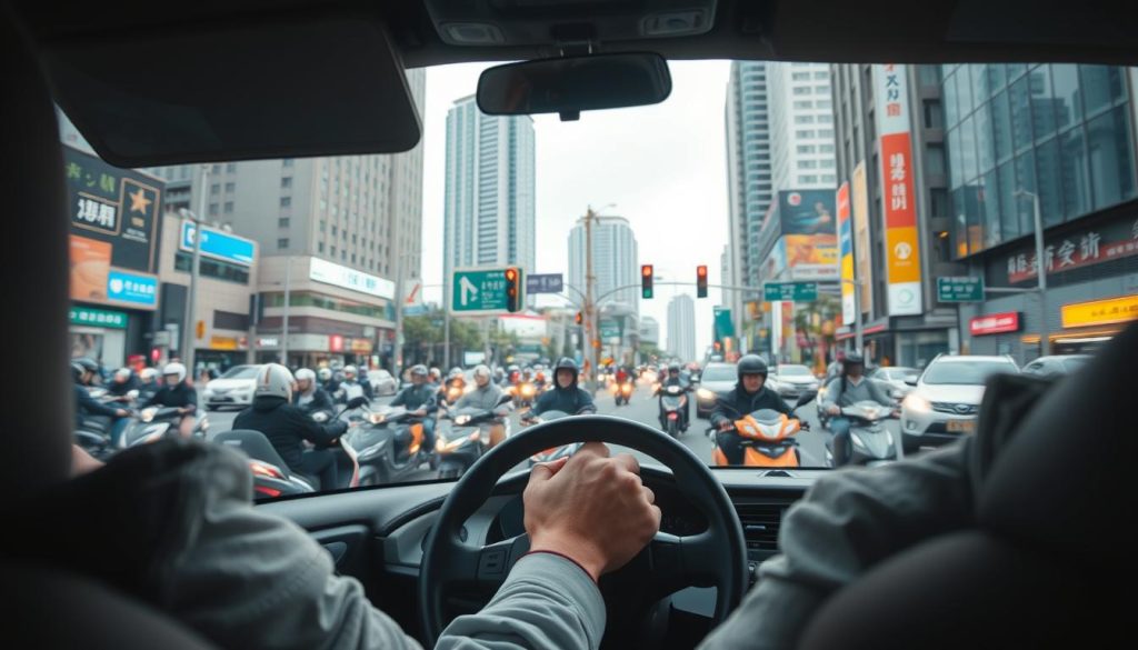 A bustling urban street scene in Taichung City, showcasing the complexities of driving in a crowded environment. In the foreground, a driver in professional attire looks stressed, gripping the steering wheel tightly, surrounded by a swarm of scooters and bicycles zipping past. The middle ground features a busy intersection with intricate traffic signals and various vehicles navigating through, embodying the chaos of city driving. The background depicts tall buildings with bright signage, set against a cloudy sky, creating a sense of urban urgency. The lighting is soft yet vibrant, with a slight motion blur on the moving scooters to emphasize speed and activity. The overall atmosphere should convey tension and the challenge of urban driving. A bustling urban street scene in Taichung City, showcasing the complexities of driving in a crowded environment. In the foreground, a driver in professional attire looks stressed, gripping the steering wheel tightly, surrounded by a swarm of scooters and bicycles zipping past. The middle ground features a busy intersection with intricate traffic signals and various vehicles navigating through, embodying the chaos of city driving. The background depicts tall buildings with bright signage, set against a cloudy sky, creating a sense of urban urgency. The lighting is soft yet vibrant, with a slight motion blur on the moving scooters to emphasize speed and activity. The overall atmosphere should convey tension and the challenge of urban driving.