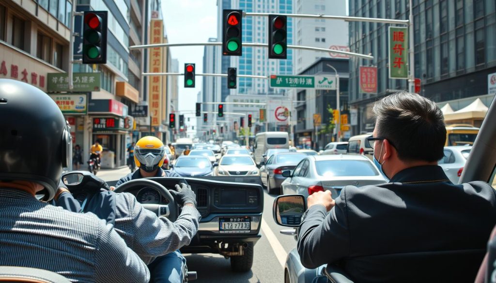 A bustling urban street scene in Taichung, Taiwan, showcasing the complexity of city driving. In the foreground, a diverse group of drivers, including a professional driver in business attire, navigate their vehicles with focus. To the left, a motorcycle weaves through traffic, highlighting the prevalent two-wheeled vehicles. The middle ground features a busy intersection with colorful traffic signals and intricate road markings. In the background, tall buildings and lively street vendors add to the vibrancy of the scene. The lighting is bright and clear, simulating an afternoon sun, casting soft shadows that enhance the depth. Capture a sense of urgency and alertness, emphasizing safe and defensive driving techniques amidst a chaotic urban environment. A bustling urban street scene in Taichung, Taiwan, showcasing the complexity of city driving. In the foreground, a diverse group of drivers, including a professional driver in business attire, navigate their vehicles with focus. To the left, a motorcycle weaves through traffic, highlighting the prevalent two-wheeled vehicles. The middle ground features a busy intersection with colorful traffic signals and intricate road markings. In the background, tall buildings and lively street vendors add to the vibrancy of the scene. The lighting is bright and clear, simulating an afternoon sun, casting soft shadows that enhance the depth. Capture a sense of urgency and alertness, emphasizing safe and defensive driving techniques amidst a chaotic urban environment.