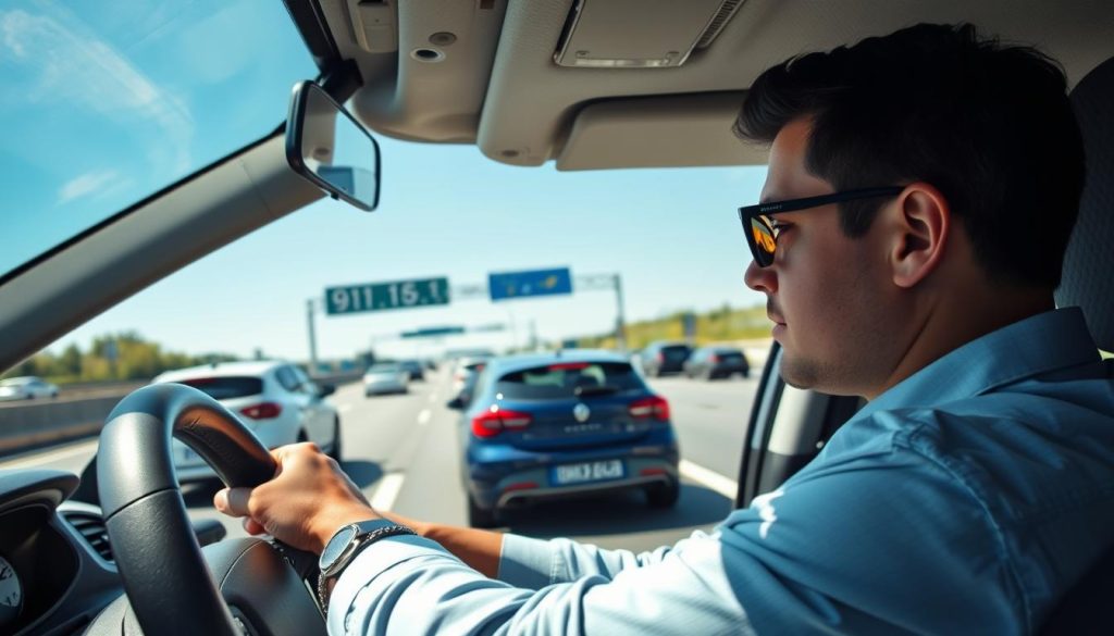 A busy highway scene during the day, featuring a variety of vehicles in different lanes, emphasizing lane selection strategies. In the foreground, a professional driver in smart casual attire is focused on their steering wheel while glancing at the lane markings. In the middle ground, distinctively marked inner overtaking lanes and outer driving lanes are visible, showcasing cars maneuvering between them. The background includes a clear blue sky and distant highway signage indicating speed limits. The lighting is bright and natural, giving a sense of daytime clarity. The atmosphere is one of concentration and calmness, highlighting the importance of safe driving practices for new drivers. The angle is slightly elevated, capturing a dynamic perspective of the highway layout.