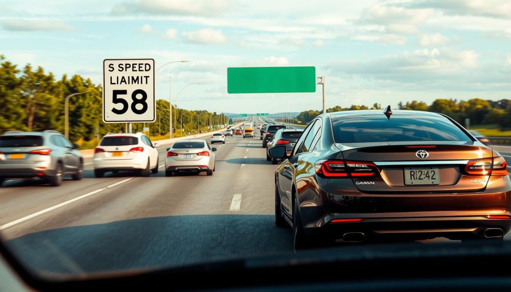A busy highway scene showcasing various vehicles in motion, illustrating the concept of speed limits and traffic flow. In the foreground, a sleek sedan is appropriately maintaining speed, surrounded by other cars adhering to the speed limit. The middle ground features a clear speed limit sign indicating a specific limit, integrated into the highway environment with a backdrop of blurred passing vehicles to emphasize movement. The background presents a wide view of the highway stretching into the horizon with green trees and blue skies, suggesting a safe driving atmosphere. Soft, natural lighting enhances the clarity of the scene, while a slightly elevated angle captures the dynamic flow of traffic. The image conveys a sense of safety and control, highlighting the importance of maintaining a steady speed for new drivers.