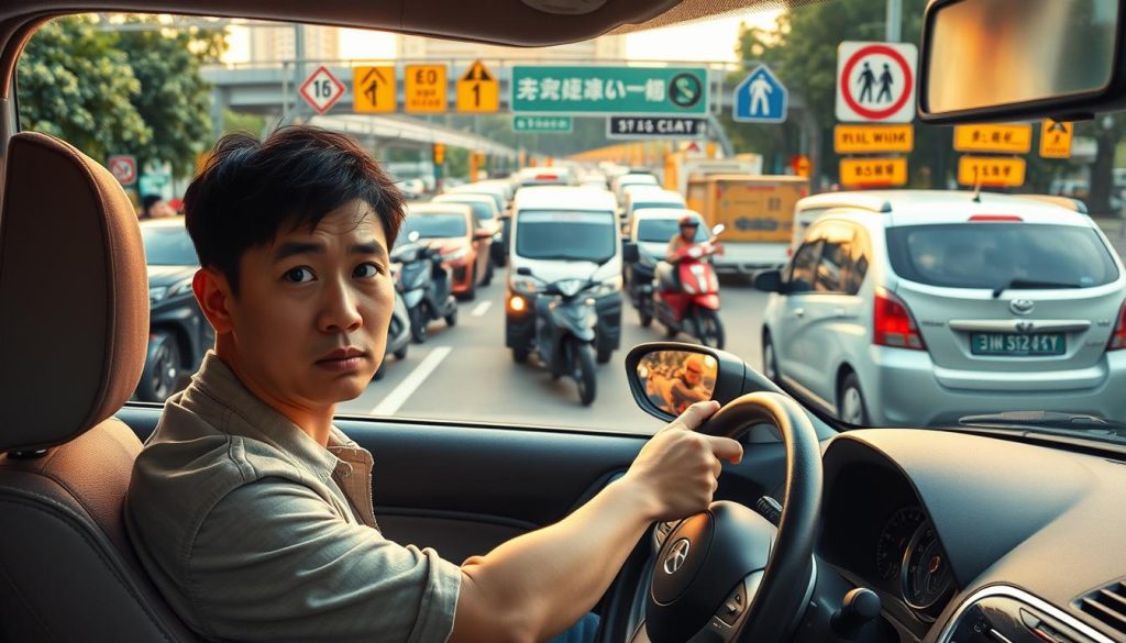 A busy intersection in Taichung known for frequent accidents, showcasing multiple vehicles at a standstill, some appearing to have just narrowly avoided collisions. In the foreground, a concerned new driver, dressed in modest casual clothing, grips the steering wheel of a compact car, wide-eyed and focused. The middle ground highlights a chaotic scene with other vehicles, including scooters and delivery trucks, positioned at awkward angles, suggesting urgency and caution. The background reveals road signs indicating dangerous curves and pedestrian crossings, enveloped in the warm light of late afternoon, creating a slightly tense atmosphere. Capture the sense of uncertainty that embodies a new driver navigating this notorious route, with vibrant colors and clear details to emphasize the environment.