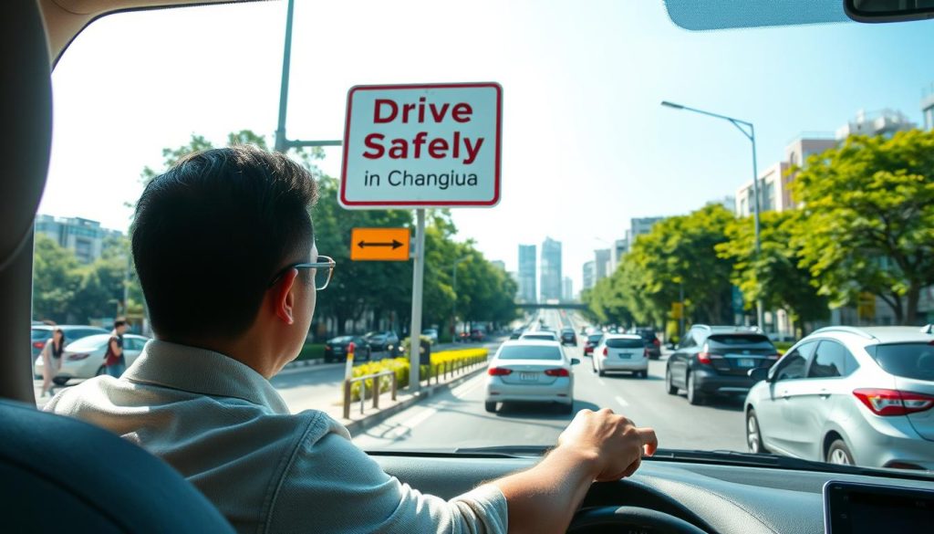 A busy road scene in Changhua, Taiwan, emphasizing safe driving awareness. In the foreground, a cautious driver in a modest casual outfit, attentively observing traffic signs while driving a modern car. The middle ground showcases a typical street filled with other vehicles and pedestrians, with a focus on a prominently displayed traffic sign reading "Drive Safely in Changhua." The background features lush greenery and urban buildings under a bright, sunny sky, creating a vibrant and optimistic atmosphere. The lighting is clear and bright, simulating a midday sun, while the angle is slightly elevated, offering a dynamic perspective of the driving environment. The overall mood conveys vigilance and the importance of road safety.