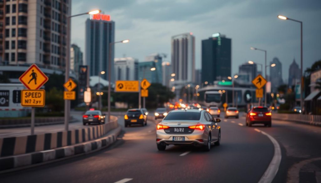 A busy urban road in Taichung, showcasing a particularly dangerous traffic area. In the foreground, a car cautiously navigates a sharp turn, emphasizing the risk factor for new drivers. The middle ground features road signs indicating caution and speed limits, illuminated by bright yellow caution lights. In the background, a blurred cityscape with tall buildings and streetlights creates a sense of motion and urgency. The lighting is late afternoon, casting long shadows and enhancing the mood of potential hazards. The overall atmosphere is tense yet realistic, aimed at highlighting the importance of awareness and safety on Taiwanese roads. No human subjects are present, ensuring a focus on the traffic conditions.