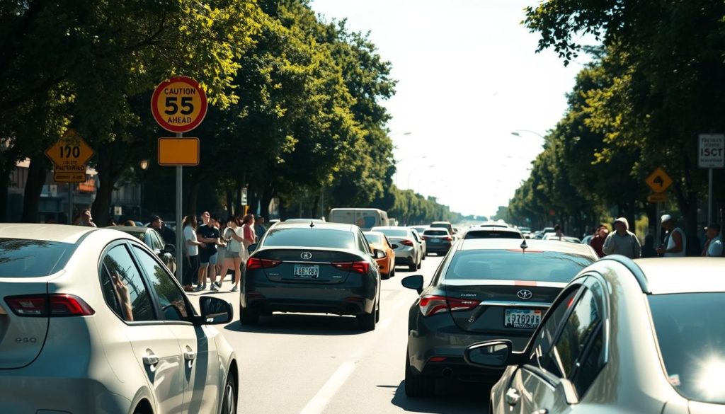 A busy urban road scene illustrating common driving mistakes. In the foreground, a few cars are seen making errors, such as a vehicle improperly merging into traffic and another example of a driver using a smartphone while driving. The middle ground features pedestrians waiting to cross at a crosswalk, some appearing anxious due to the traffic. In the background, a road sign indicating speed limits and caution ahead is visible, partially obscured by tree branches. The lighting is bright and sunny, creating a vivid, clear atmosphere. Use a wide-angle lens to capture the expansive roadway and position the viewer slightly above the street level to enhance the scale of the scene. The overall mood is tense yet informative, highlighting the importance of safe driving practices.