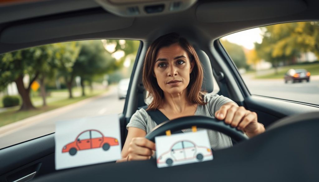 A calm and focused mother in a modest casual outfit, sitting in the driver's seat of a car parked in a peaceful suburban neighborhood. Her hands are on the wheel, and her expression reflects a mixture of determination and nervousness. In the foreground, a small child’s drawing of a car is taped to the dashboard, symbolizing safety and encouragement. In the middle ground, trees provide a sense of serenity, while a faint image of a busy road can be seen in the background, representing her fears of driving and potential accidents. The lighting is soft and warm, suggesting early morning or late afternoon, enhancing a hopeful mood. The angle is slightly tilted downward from outside the car, giving a view of both the mother and the environment, creating an intimate understanding of her emotions related to fear management in driving.