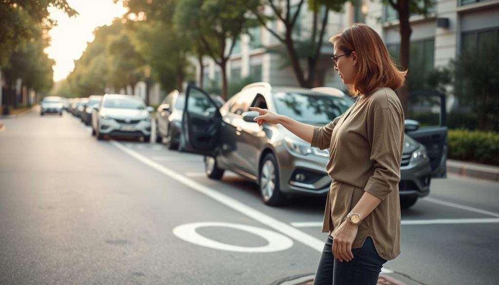 A calm urban street scene showcasing a female driving instructor in modest casual attire, meticulously demonstrating parking techniques next to a parked car. In the foreground, the instructor points to a clearly marked parking reference point, emphasizing its position relative to the curb. The midground reveals a practical, well-maintained car with its doors open, inviting learners to practice. In the background, other vehicles are parked neatly along the street, with trees lining the sides, creating a serene atmosphere. The lighting is soft and natural, as if during the golden hour, casting gentle shadows and highlighting the learning process. The perspective captures a slight downward angle, focusing on the instructor and the parking reference point, allowing viewers to feel engaged in the learning moment.