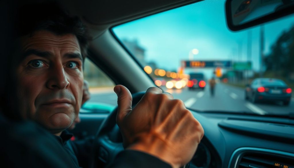 A close-up of a driver exhibiting signs of anxiety while gripping the steering wheel tightly, eyes wide with focus and concern. The foreground features the driver’s hands, visibly tense, contrasted against a blurred view of the dashboard filled with warning lights. In the middle ground, the roadway stretches ahead, showcasing blurred motion lines that indicate speed and a sense of urgency. The background captures a slightly distorted view of passing cars and traffic signs, emphasizing the chaotic environment. Soft, diffused lighting creates a slightly dim atmosphere, heightening the tension and anxiety of the scene, while a narrow depth of field draws attention to the driver's expression, encapsulating the essence of driving anxiety. A close-up of a driver exhibiting signs of anxiety while gripping the steering wheel tightly, eyes wide with focus and concern. The foreground features the driver’s hands, visibly tense, contrasted against a blurred view of the dashboard filled with warning lights. In the middle ground, the roadway stretches ahead, showcasing blurred motion lines that indicate speed and a sense of urgency. The background captures a slightly distorted view of passing cars and traffic signs, emphasizing the chaotic environment. Soft, diffused lighting creates a slightly dim atmosphere, heightening the tension and anxiety of the scene, while a narrow depth of field draws attention to the driver's expression, encapsulating the essence of driving anxiety.