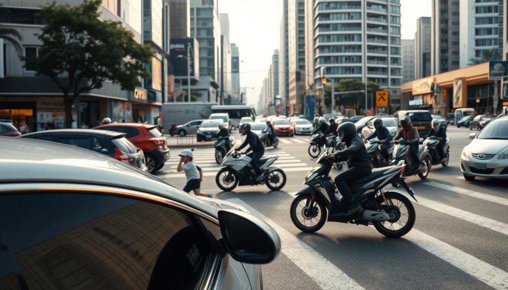 A close-up view of a busy urban intersection in Taichung, Taiwan, capturing the complexity of traffic dynamics. In the foreground, a shielded car is positioned strategically, highlighting the importance of maintaining a safe distance from surrounding vehicles. The middle ground features various motorcycles weaving through traffic, emphasizing the need for vigilance and defensive driving. The background shows a bustling cityscape with modern buildings under soft, natural lighting, creating a sense of realism. The scene captures the tension and alertness typical of a crowded street, with a focus on speed and distance control. The image should evoke a mood of awareness and preparation, demonstrating the significance of maintaining braking and steering space for safety in urban driving conditions. A close-up view of a busy urban intersection in Taichung, Taiwan, capturing the complexity of traffic dynamics. In the foreground, a shielded car is positioned strategically, highlighting the importance of maintaining a safe distance from surrounding vehicles. The middle ground features various motorcycles weaving through traffic, emphasizing the need for vigilance and defensive driving. The background shows a bustling cityscape with modern buildings under soft, natural lighting, creating a sense of realism. The scene captures the tension and alertness typical of a crowded street, with a focus on speed and distance control. The image should evoke a mood of awareness and preparation, demonstrating the significance of maintaining braking and steering space for safety in urban driving conditions.