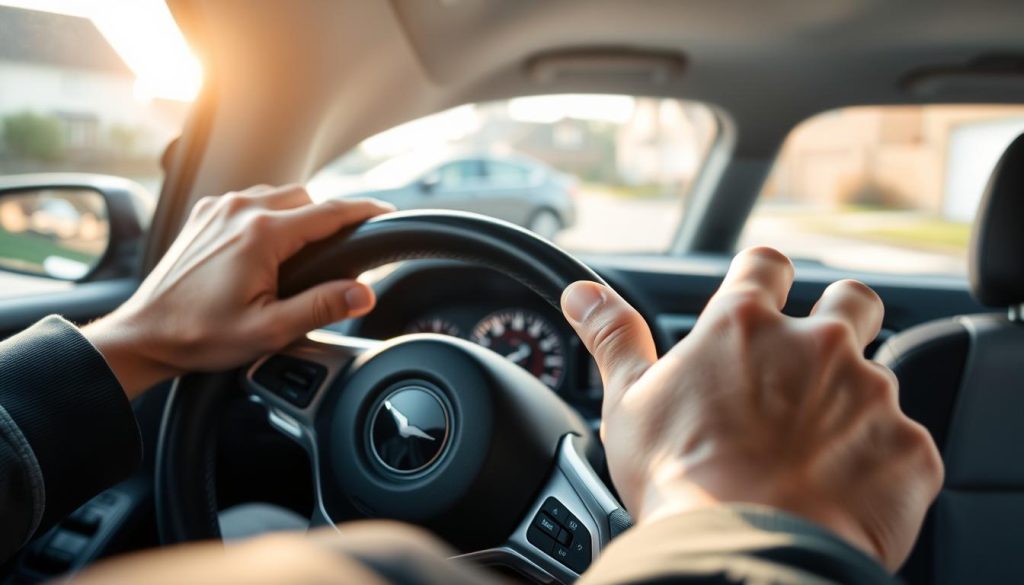 A close-up view of a driver's hands skillfully maneuvering a steering wheel, emphasizing the technique of angle control and rhythm in corrective steering. The hands are positioned at the classic 10 and 2 o'clock positions, showcasing smooth motions and relaxed grip. In the background, there is a blurred interior of a car, hinting at a reflective window showing a suburban street scene where a car is parked along the side of the road. Soft natural lighting filters through, creating a calm atmosphere. The focus is sharp on the steering wheel and hands, while the background gently fades out, adding depth to the image. The overall mood conveys concentration, precision, and a sense of mastery in parking technique.