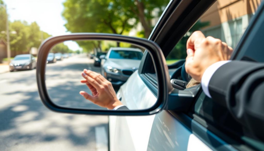 A close-up view of a side mirror being adjusted, capturing the reflection of a well-maintained vehicle parked beside the road. In the foreground, focus on the mirror's sleek surface with the hand of a driver in smart casual attire gently adjusting it. In the middle ground, the entirety of the car can be seen, positioned perfectly for parallel parking, with its front end angled slightly toward the curb. The background features a clear and sunny street scene with trees and other parked cars. Natural sunlight casts soft shadows, giving the image a warm and inviting atmosphere. The composition emphasizes a sense of control and precision in parking, highlighting the importance of using mirrors effectively.