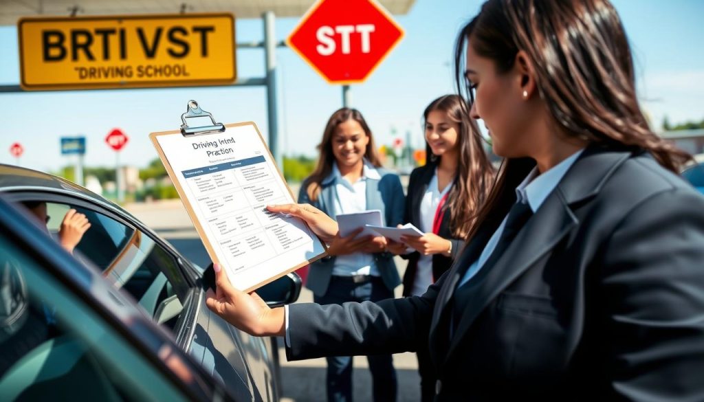 A detailed and visually engaging image of a "Driving Training Practice Plan." In the foreground, a professional driving instructor, dressed in a smart business attire, stands beside a car, pointing at a clipboard filled with an organized schedule of lessons. In the middle ground, a diverse group of students, also in smart casual clothing, are attentively listening and taking notes. The background features a well-maintained driving school environment with road signs and a clear blue sky, emphasizing a learning atmosphere. The scene is brightly lit by natural sunlight, casting soft shadows. The overall mood is focused and motivational, showcasing a structured and effective driving learning plan in action.