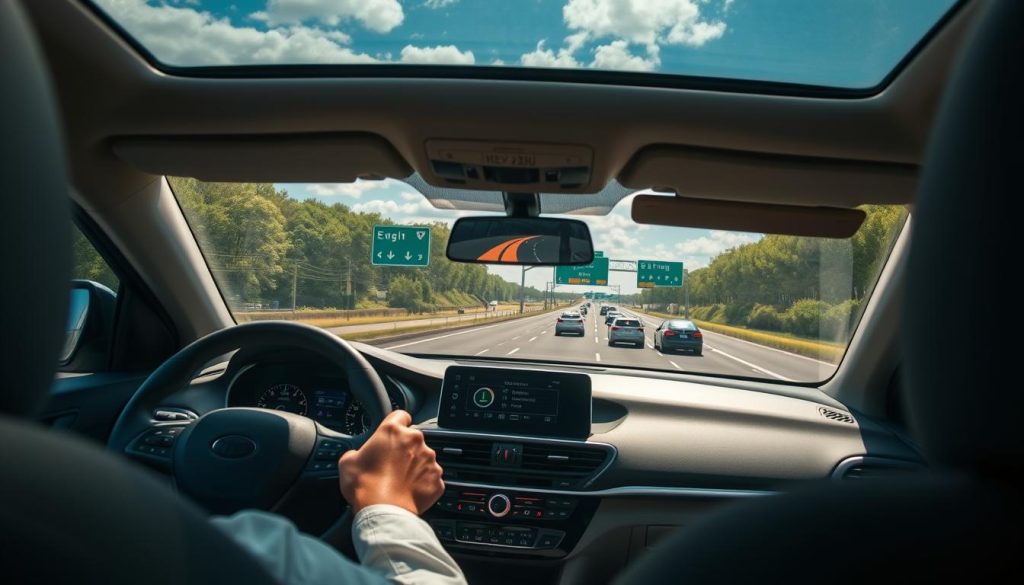 A detailed highway navigation setting, illustrating a driver inside a modern car, focused on a digital GPS screen displaying a clear route to an upcoming interchange. In the foreground, the driver's hands are on the steering wheel, showcasing a safety-conscious posture. The middle layer features a sleek dashboard with glowing navigation indicators and a window view of green highway signs pointing toward the exit ramp. The background reveals a sunlit highway scene with vehicles in motion, lush greenery lining the road, and a blue sky scattered with light clouds. The atmosphere is serene yet focused, capturing the essence of a first-time highway driver, emphasizing the importance of route planning and clear navigation. The lighting is bright and natural, enhancing the clarity of the scene and making it inviting for novice drivers.
