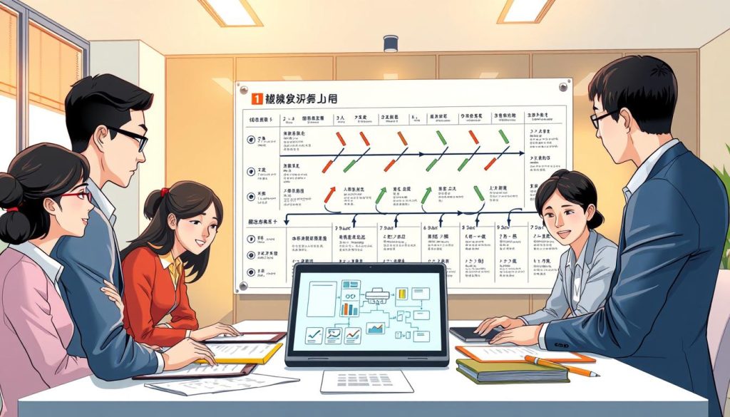 A detailed illustration of a "事故處理流程" (accident handling process) scene, designed to serve as a visual guide. In the foreground, depict a diverse group of three individuals in professional business attire engaged in a discussion around a table filled with paperwork, forms, and a laptop displaying a digital flowchart. In the middle layer, show a large wall-mounted board featuring a detailed step-by-step infographic outlining the accident handling process, with arrows and icons to illustrate each phase. The background should include a modern office setting with soft lighting, creating a professional atmosphere, illuminated by warm light from a large window. The overall mood should be informative and supportive, emphasizing preparation and learning in a safe, structured environment.