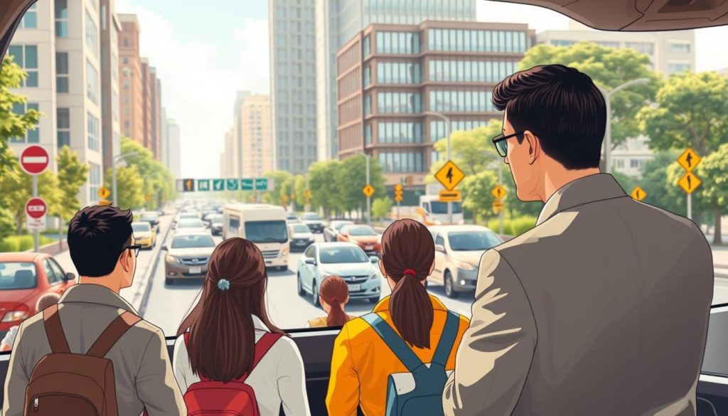 A detailed illustration showcasing "road risk management" in a dynamic urban setting. In the foreground, a professional driving instructor in business attire is demonstrating safety techniques to a diverse group of attentive students, all dressed in modest clothing. In the middle ground, a busy city street filled with various vehicles navigating traffic, with visible road signs emphasizing safety. The background features a blend of modern buildings and greenery, symbolizing harmony between urban life and safe driving practices. The scene is illuminated by soft, natural daylight, creating an uplifting atmosphere while casting gentle shadows. The angle captures the interaction between the instructor and the students, emphasizing the importance of education in risk management on the road.