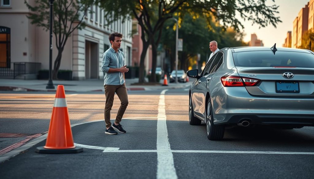 A detailed scene illustrating a parking reference point for new drivers in a city street environment. In the foreground, there is a car positioned next to a clearly marked parking line with visual guides, such as a traffic cone and strategically placed markers that help establish distance perception. In the middle ground, a focused young adult wearing modest casual clothing is practicing parallel parking with keen concentration, while a supportive driving instructor observes nearby. The background features a typical urban street with sidewalks, trees, and buildings, bathed in warm sunlight of late afternoon, creating a calm, educational atmosphere. Capture the image at a slight angle to emphasize the parking maneuver and the importance of distance judgment.