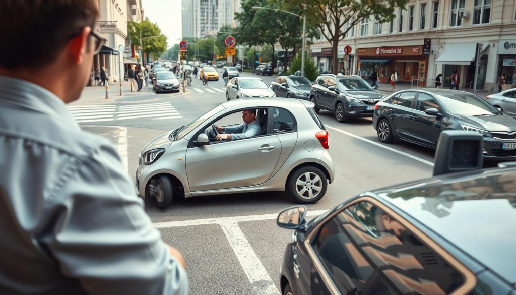 A detailed scene illustrating roadside parking techniques. In the foreground, a focused driver in professional attire is confidently steering a compact car into a parallel parking space alongside a bustling city street. The middle ground features a clearly marked parking zone with road signs and other parked cars at varying angles, showcasing the complexity of the situation. In the background, a vibrant urban landscape with people walking, shops, and trees creates a lively atmosphere. Soft, natural daylight illuminates the scene, casting gentle shadows that highlight the car's features from a slightly low angle, emphasizing the driver's skill. The mood is professional and instructional, aimed at providing insights into effective parking strategies for beginners, devoid of any distractions.