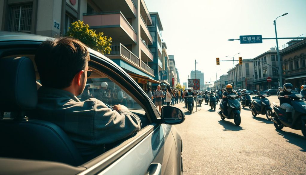 A detailed urban scene depicting a car making a right turn at a busy intersection in Taichung, Taiwan. In the foreground, the car is positioned in the act of turning, showcasing the driver focused and vigilant, dressed in modest casual attire. In the middle, multiple scooters are approaching from the right side, creating a sense of urgency and potential danger. The background features typical Taiwanese urban architecture, with crowded sidewalks and traffic signals, under a bright blue sky diffusing warm sunlight. The lighting casts realistic shadows, enhancing the busy atmosphere. The angle emphasizes the perspective from the driver's viewpoint, capturing the intensity and complexity of defensive driving in a bustling city environment. A detailed urban scene depicting a car making a right turn at a busy intersection in Taichung, Taiwan. In the foreground, the car is positioned in the act of turning, showcasing the driver focused and vigilant, dressed in modest casual attire. In the middle, multiple scooters are approaching from the right side, creating a sense of urgency and potential danger. The background features typical Taiwanese urban architecture, with crowded sidewalks and traffic signals, under a bright blue sky diffusing warm sunlight. The lighting casts realistic shadows, enhancing the busy atmosphere. The angle emphasizes the perspective from the driver's viewpoint, capturing the intensity and complexity of defensive driving in a bustling city environment.
