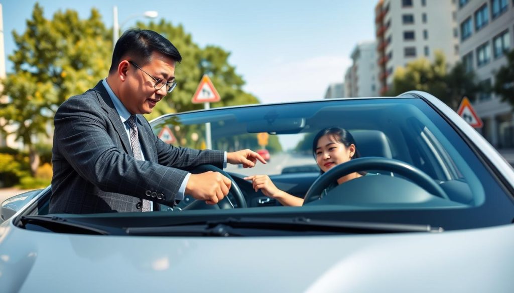 A driving instructor demonstrating techniques to a new driver in a safe, urban street environment. In the foreground, depict the instructor, a middle-aged Asian man in professional attire, pointing towards the steering wheel while the student, a young Asian woman dressed in casual clothing, sits attentively in the driver’s seat of a compact car. The middle layer shows the vehicle parked near a clearly marked road sign indicating safe driving practices. The background features a sunny day with a clear blue sky, trees lining the street, and softly blurred city buildings to create depth. The mood is focused and instructive, reflecting a learning atmosphere with natural lighting enhancing the scene, shot from a slightly elevated angle to capture both driver and instructor effectively. A driving instructor demonstrating techniques to a new driver in a safe, urban street environment. In the foreground, depict the instructor, a middle-aged Asian man in professional attire, pointing towards the steering wheel while the student, a young Asian woman dressed in casual clothing, sits attentively in the driver’s seat of a compact car. The middle layer shows the vehicle parked near a clearly marked road sign indicating safe driving practices. The background features a sunny day with a clear blue sky, trees lining the street, and softly blurred city buildings to create depth. The mood is focused and instructive, reflecting a learning atmosphere with natural lighting enhancing the scene, shot from a slightly elevated angle to capture both driver and instructor effectively.