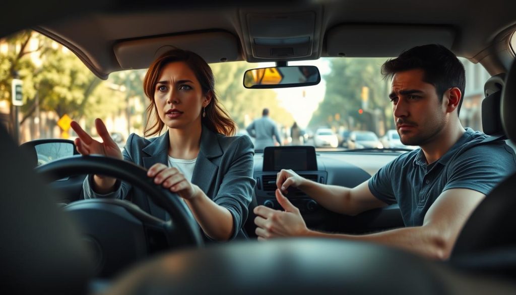 A dynamic scene illustrating the emotional friction between a driving instructor and a learner in a city driving setting. In the foreground, a focused female driving instructor, dressed in smart casual attire, gestures towards the road, embodying authority and patience. Beside her, a nervous male learner, wearing a modest t-shirt and jeans, grips the steering wheel tightly, reflecting anxiety. In the middle ground, the backdrop features a busy urban environment with cars, pedestrians, and traffic signals, accentuating the learning experience's pressure. The atmosphere is tense yet enlightening, captured in soft, natural sunlight filtering through the trees lining the street. Use a slight blur effect to emphasize the instructor and learner while maintaining a clear cityscape behind them, creating depth and context to the challenges of teaching versus driving proficiency.