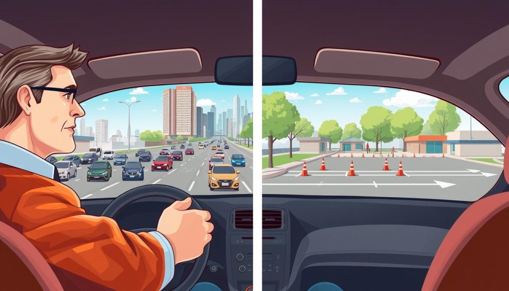 A dynamic split-scene illustration contrasting "road driving" and "driving school." In the foreground, depict a driving instructor and a student inside a car, both dressed in professional attire, focused on the road ahead. Their expressions show concentration and determination. In the middle ground, one side displays a busy urban road with diverse vehicles and pedestrians, showcasing real-world driving challenges. The other side features a serene driving school environment with a marked practice area and traffic cones. In the background, include clear blue skies and city buildings on the road side, while the driving school side has a calm setting with trees and a well-maintained facility. Soft, natural lighting illuminates both scenes, creating a balanced and informative atmosphere.
