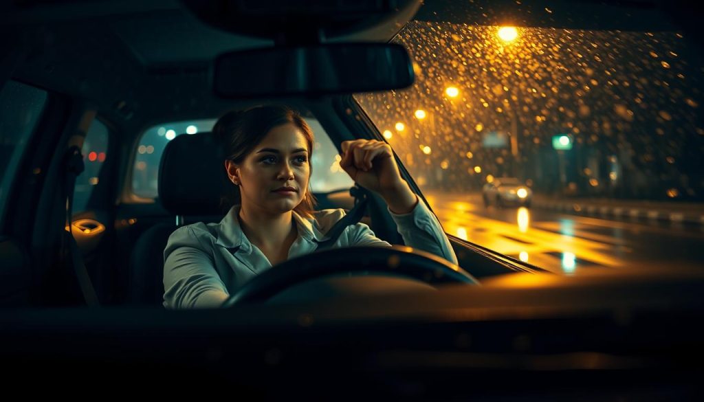 A focused scene depicting a female driver, dressed in professional yet casual clothing, sitting in her car during a rainy night. The car's windshield wipers are in motion, clearing the rain, while the atmosphere is illuminated by soft streetlights, creating a warm glow inside the vehicle. In the foreground, raindrops are visible on the glass, blurring the surroundings. In the middle, the driver appears concentrated, adjusting her rearview mirror or checking her surroundings, embodying diligence and caution in adverse conditions. The background displays a dimly lit street with puddles reflecting the light, emphasizing the challenges of driving in poor visibility. The mood should convey determination and preparation, encapsulating the essence of safe driving practices in inclement weather.