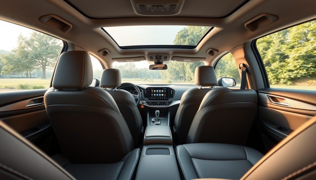 A modern car interior designed for comfort and tranquility, featuring a spacious and airy cabin. The foreground showcases elegant leather seats with ergonomic design, complemented by soft ambient lighting that creates a soothing atmosphere. In the middle ground, a sleek dashboard equipped with minimalistic controls and a large infotainment screen reflects contemporary technology. The background includes large windows with natural light pouring in, highlighting a serene outdoor view of a lush, green landscape. The scene is captured with a wide-angle lens to emphasize space and openness, conveying a feeling of relaxation and peace, inspiring confidence for new drivers. The overall mood is calm and inviting, perfect for overcoming driving anxiety. A modern car interior designed for comfort and tranquility, featuring a spacious and airy cabin. The foreground showcases elegant leather seats with ergonomic design, complemented by soft ambient lighting that creates a soothing atmosphere. In the middle ground, a sleek dashboard equipped with minimalistic controls and a large infotainment screen reflects contemporary technology. The background includes large windows with natural light pouring in, highlighting a serene outdoor view of a lush, green landscape. The scene is captured with a wide-angle lens to emphasize space and openness, conveying a feeling of relaxation and peace, inspiring confidence for new drivers. The overall mood is calm and inviting, perfect for overcoming driving anxiety.