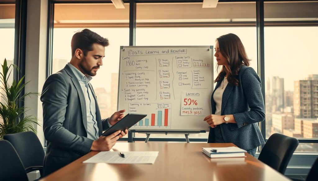A modern office setting where two professionals discuss driving lessons. In the foreground, a man and woman, dressed in smart casual attire, analyze a chart on a tablet, depicting the costs and benefits of learning to drive with friends versus a driving instructor. The middle ground highlights a whiteboard filled with graphs and checklists, symbolizing learning costs and safety benefits. The background features a large window with a view of a cityscape, bathed in warm, natural light that creates an inspiring atmosphere. The image conveys a sense of focus and professionalism, emphasizing the importance of evaluating learning methods. Use a slightly elevated angle to capture the interaction and details.
