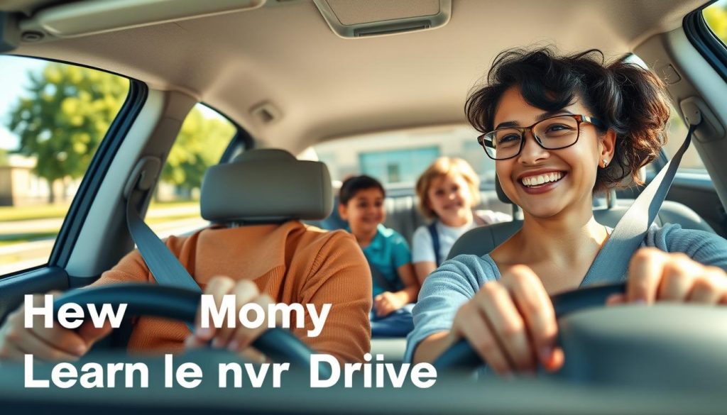 A mother in modest casual clothing is joyfully driving a family car while picking up her children from school. In the foreground, her focused expression radiates determination and joy, highlighting the theme of learning to drive. In the middle ground, two children, seated comfortably in the back, are excitedly interacting, suggesting a warm family atmosphere. The background features a serene school setting with trees and a clear sky, enhancing the sense of everyday life. The lighting is bright and cheerful, depicting a sunny day that symbolizes new beginnings. The scene is captured from a slightly low angle, emphasizing the mother's role and the family bond. The overall mood is uplifting and motivational, perfect for showcasing the journey of a mother learning to drive.