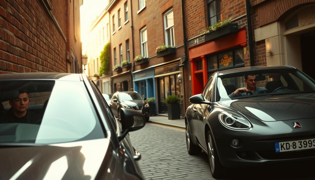 A narrow alley with two cars carefully maneuvering around each other, showcasing the skill required for navigating tight spaces. In the foreground, one car is parked close to a wall, its driver focused on steering with precision. The second car approaches slowly, with its driver looking intently ahead, both dressed in smart casual attire. In the middle ground, traditional brick buildings line the narrow street, with colorful storefronts and greenery emerging from window boxes. The background features a soft, diffused sunlight filtering through the narrow gap between the buildings, casting gentle shadows on the cobblestone pavement. The atmosphere is tense yet focused, capturing the critical moment of coordination and collaboration in a narrow alleyway. The image should be shot from a slightly elevated angle to emphasize the closeness of the surroundings.