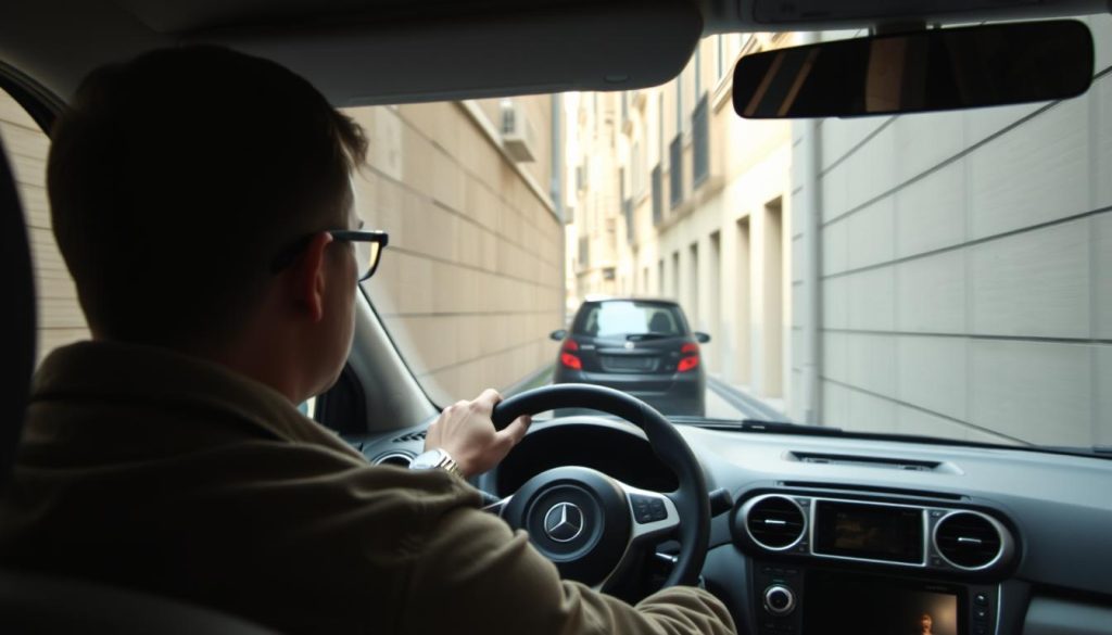 A narrow alleyway scene illustrating expert driving techniques, featuring a compact car maneuvering through tight spaces with precision. The foreground shows the driver's focused expression, dressed in casual but practical clothing, hands firmly on the steering wheel. In the middle, a view of the car navigating past a wall with minimal clearance, highlighting spatial awareness and vehicle positioning. The background displays slightly blurred rows of closely spaced buildings, enhancing the sense of confinement in the alley. Soft, diffused daylight floods the scene, creating an optimistic atmosphere of learning and skill development. The image should capture the essence of mastering driving techniques in narrow environments, emphasizing control and confidence without any text or distractions.