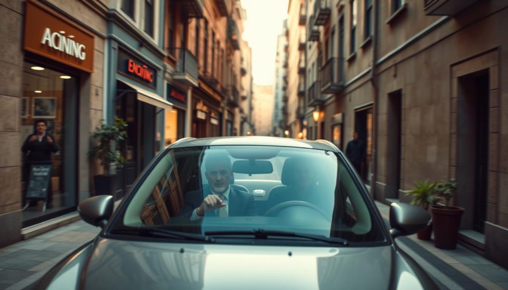 A narrow street scene in an urban setting, showcasing a small car cautiously maneuvering through a tightly packed alley. In the foreground, focus on the car, highlighting the driver, who appears focused and slightly anxious, wearing smart casual attire. In the middle ground, there are two adjacent buildings with inviting storefronts and minimal pedestrians, creating a sense of community. The background features additional narrow streets leading off this main alley. The lighting is soft, suggesting early evening with warm, golden hues reflecting off the walls. A hint of greenery from potted plants can be seen, contributing to a calm atmosphere. The overall mood is one of concentration and the challenge of navigating tight spaces, conveying the essence of overcoming psychological barriers in driving.