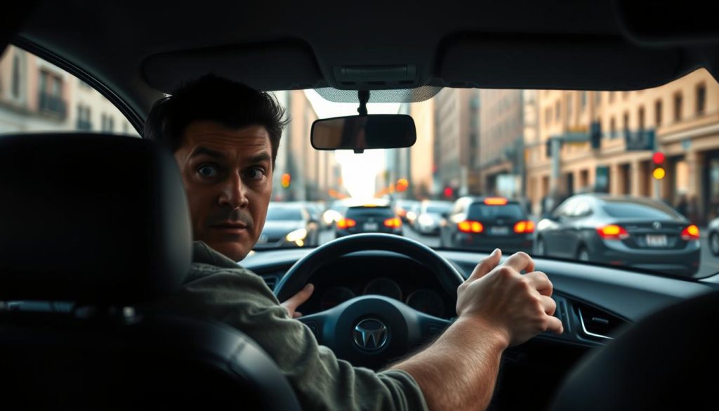 A nervous driver sitting in a car, hands gripping the steering wheel tightly, eyes wide with fear. The foreground shows the driver's anxious expression, reflecting fear of the road ahead. In the middle, the view through the windshield captures a congested city street, with oncoming cars and pedestrians creating a sense of overwhelming chaos. The background features blurred buildings and traffic lights, creating a dynamic yet intimidating urban atmosphere. The lighting is soft with a slight afternoon glow, highlighting the driver's anxiety. The mood is tense and anxious, encapsulating the common fears associated with driving. No text or overlays.