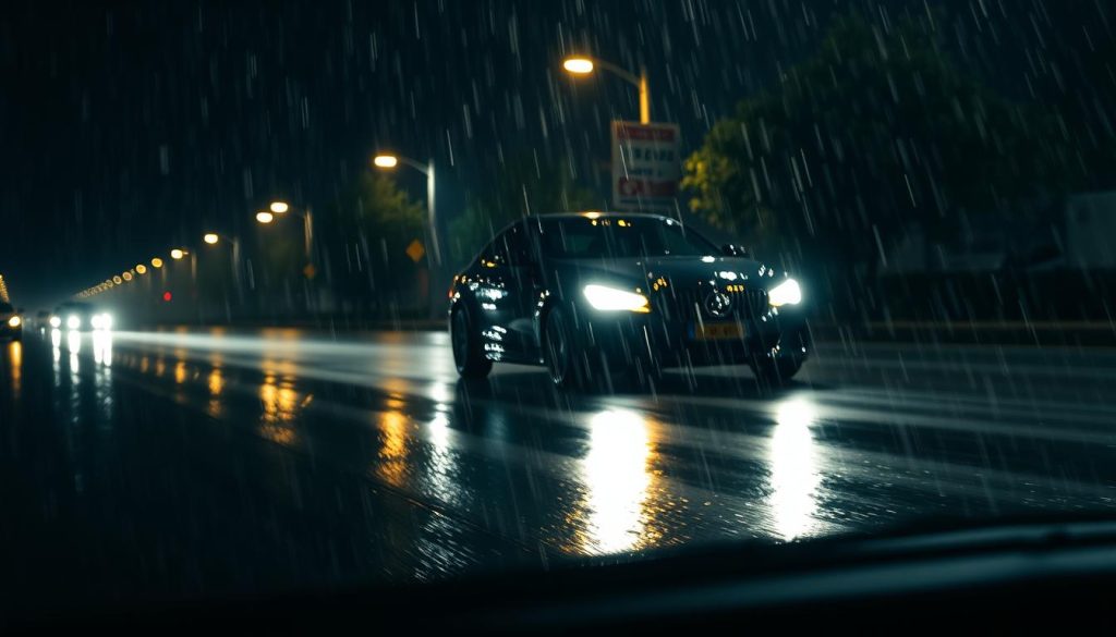 A nighttime driving scene on a rainy road, showcasing a car navigating through slick wet streets. In the foreground, the headlights of the vehicle illuminate the raindrops falling, creating a shimmering effect on the asphalt. The middle section features the sleek silhouette of the car, reflecting the rain-soaked surroundings, emphasizing the delicate balance of control and caution needed while driving in these conditions. The background depicts blurred streetlights and trees, softened by the rainfall, enhancing the mood of a challenging yet serene night drive. The atmosphere is tense but focused, conveying the importance of safety during adverse weather conditions. The lighting is dim and moody, highlighting the reflections on the wet road surface.