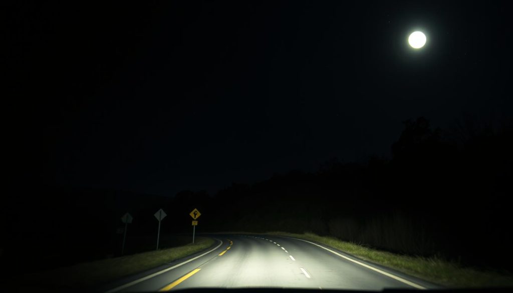 A nighttime driving scene showcasing a car navigating a dimly lit road. In the foreground, the headlights of the vehicle illuminate a winding path, revealing street signs and subtle road markings. The middle ground features the silhouette of trees along the roadside, enhancing the sense of isolation and caution. The background fades into a darkened sky speckled with stars, indicating a clear night, while the moon casts a soft glow on the landscape. The atmosphere is tense yet serene, emphasizing the importance of visibility and safety during night driving. The image captures the essence of night driving techniques, focusing on clarity, caution, and awareness without human figures present. Ensure the lighting is moody yet highlights the essential elements of the scene, using a 35mm lens perspective for depth.
