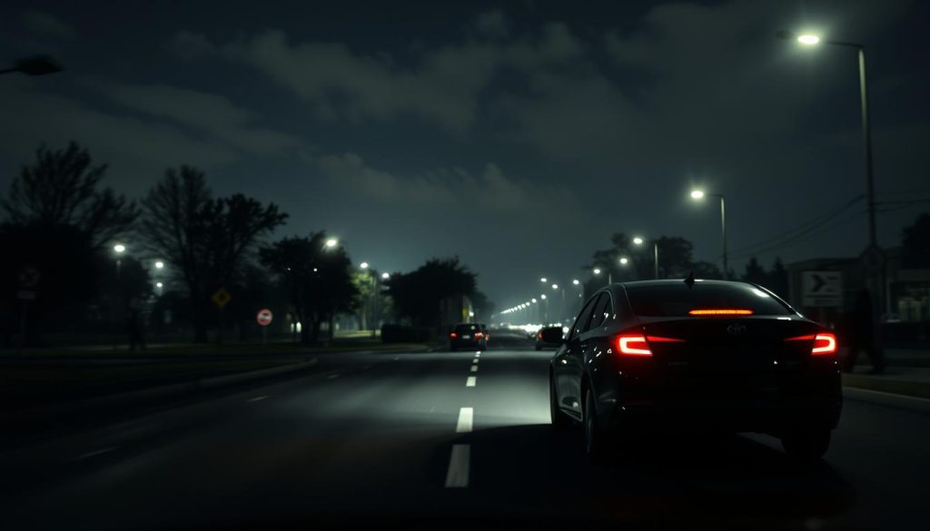 A nighttime scene depicting a car driving on a dimly lit street, illustrating the various factors that contribute to poor visibility while driving at night. In the foreground, the headlights of the car illuminate the road, revealing scattered reflections of road signs and safety markers. The middle ground features a blurred view of trees and buildings, shrouded in darkness, with occasional shadowy figures of pedestrians dressed in professional attire crossing the street, emphasizing the need for caution. The background consists of a soft, dark sky with scattered clouds, creating a moody atmosphere illuminated by the faint glow of street lamps. The lighting should highlight the contrast between illuminated areas and dark shadows, evoking a sense of caution and awareness for new drivers. A wide-angle view captures the essence of night driving challenges without including any text or titles.