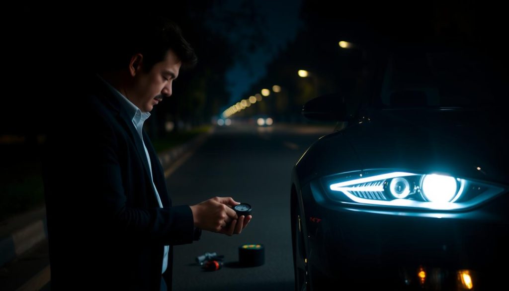 A nighttime scene depicting a responsible driver preparing their vehicle for a night drive. In the foreground, a focused person in smart casual attire is inspecting the headlights of their car, ensuring they are functioning properly. The vehicle’s sleek silhouette is illuminated by the headlights casting a soft glow. In the middle ground, the person checks the tire pressure with a gauge, surrounded by tools laid out neatly. The background features a dimly lit street, lined with trees and faint streetlights, creating a calm yet alert atmosphere. The lighting emphasizes the importance of safety during night driving, with a slightly blurred effect on the distance to highlight focus on vehicle preparation. The overall mood is serious and cautious, reflecting the importance of pre-drive checks.