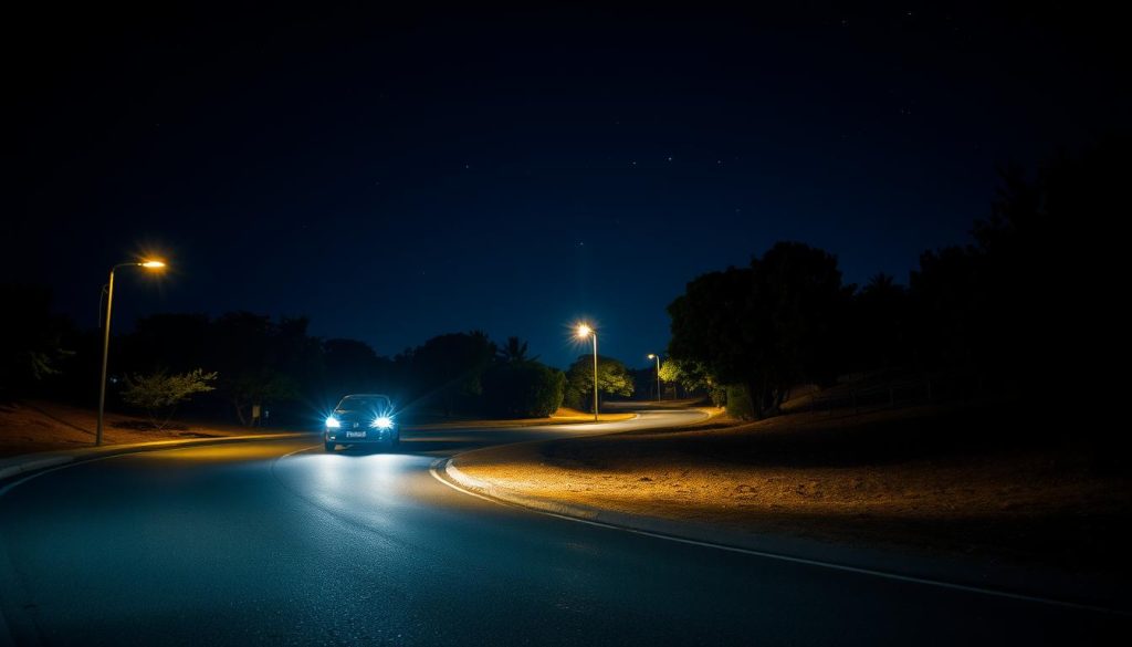 A nighttime winding road set against a dark sky, illuminated by soft, diffused streetlights casting gentle glows on the asphalt, revealing the contours of the road. In the foreground, a car is seen navigating the bend, headlights piercing through the shadows, highlighting the sharp curve ahead. The middle ground features trees lining the sides of the road, their leaves rustling softly in the night breeze. In the background, a deep blue sky adorned with scattered stars, enhancing the serene yet attentive mood. The ambient light creates a calm atmosphere, emphasizing the importance of caution and focus in nighttime driving situations. The scene captures the essence of safe navigation through nighttime challenges, with no people or distracting elements present.