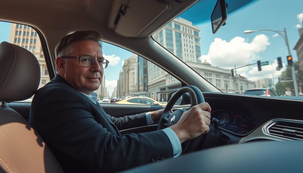 A person sitting confidently in a car, navigating a bustling urban street with tall buildings and traffic lights. The foreground features the driver, a middle-aged individual in smart casual attire, gripping the steering wheel with a focused expression. In the middle ground, various cars and a cyclist can be seen, illustrating movement and the challenges of city driving. The background showcases a clear blue sky with fluffy clouds, evoking a sense of calm amidst the busy environment. Soft, natural lighting fills the scene, creating a balanced atmosphere that conveys both a sense of control and overcoming fear. The perspective is from a slightly elevated angle, capturing the driver's determination and the complexity of the driving situation. A person sitting confidently in a car, navigating a bustling urban street with tall buildings and traffic lights. The foreground features the driver, a middle-aged individual in smart casual attire, gripping the steering wheel with a focused expression. In the middle ground, various cars and a cyclist can be seen, illustrating movement and the challenges of city driving. The background showcases a clear blue sky with fluffy clouds, evoking a sense of calm amidst the busy environment. Soft, natural lighting fills the scene, creating a balanced atmosphere that conveys both a sense of control and overcoming fear. The perspective is from a slightly elevated angle, capturing the driver's determination and the complexity of the driving situation.