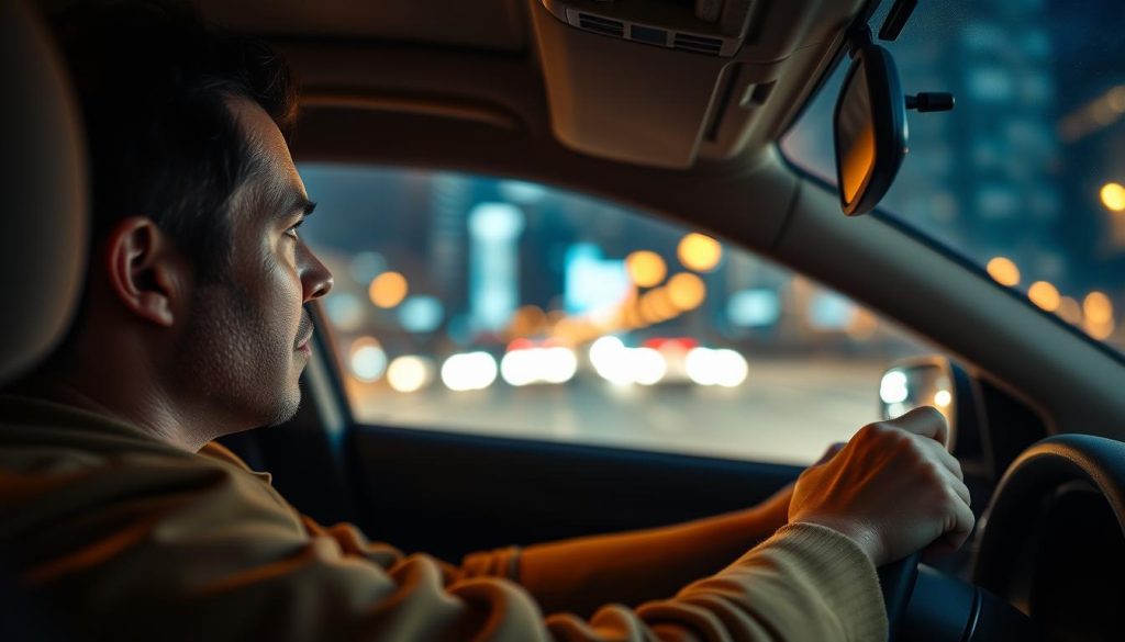 A person sitting in the driver's seat of a car, visibly anxious, their hands gripping the steering wheel tightly. The foreground captures their tense expression, showcasing sweat beads on their forehead. In the middle ground, the interior of the car is detailed, with a calm air freshener hanging from the mirror, symbolizing breathing techniques. The background shows a blurred cityscape speeding past, representing the overwhelming nature of driving anxiety. The lighting is warm, creating a slightly dim atmosphere inside the car while contrasting with the bright city lights outside, evoking a sense of enclosed tension. The scene is shot from a slightly elevated angle to emphasize the driver’s emotional state, focusing on their struggle with anxiety while driving. A person sitting in the driver's seat of a car, visibly anxious, their hands gripping the steering wheel tightly. The foreground captures their tense expression, showcasing sweat beads on their forehead. In the middle ground, the interior of the car is detailed, with a calm air freshener hanging from the mirror, symbolizing breathing techniques. The background shows a blurred cityscape speeding past, representing the overwhelming nature of driving anxiety. The lighting is warm, creating a slightly dim atmosphere inside the car while contrasting with the bright city lights outside, evoking a sense of enclosed tension. The scene is shot from a slightly elevated angle to emphasize the driver’s emotional state, focusing on their struggle with anxiety while driving.