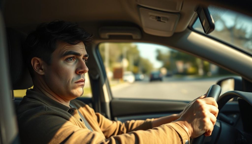 A person sitting in the driver's seat of a parked car, visibly anxious and gripping the steering wheel. The foreground shows their anxious expression, with sweat beads on their forehead, reflecting a mix of fear and determination. In the middle ground, the car's interior is well-lit, with sunlight filtering through the window, casting soft shadows. The background features a blurred, peaceful suburban street, suggesting a safe environment for driving. The mood is tense yet hopeful, highlighting the internal struggle of overcoming fear while driving. The scene is captured from a high angle, emphasizing the contrast between the confined space of the car and the open road outside. The person is dressed in a modest, casual outfit, contributing to a relatable atmosphere.
