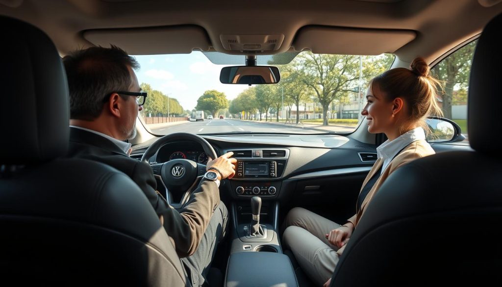 A professional driving instructor and a learner sit inside a modern automatic car, showcasing a calm and focused atmosphere. The instructor, wearing smart casual attire, points to the dashboard, demonstrating how to use the automatic transmission controls. The learner, dressed in a neat casual outfit, listens intently, ready to take notes. Outside the car, a well-maintained city road with clear signage and a sunny sky sets a welcoming backdrop, with trees lining the street. The scene is captured from a slightly angled perspective to convey depth, with soft natural lighting illuminating the interior, enhancing the sense of professionalism and learning. The overall mood is encouraging and educational, perfect for discussing the selection of automatic driving based on learner needs. A professional driving instructor and a learner sit inside a modern automatic car, showcasing a calm and focused atmosphere. The instructor, wearing smart casual attire, points to the dashboard, demonstrating how to use the automatic transmission controls. The learner, dressed in a neat casual outfit, listens intently, ready to take notes. Outside the car, a well-maintained city road with clear signage and a sunny sky sets a welcoming backdrop, with trees lining the street. The scene is captured from a slightly angled perspective to convey depth, with soft natural lighting illuminating the interior, enhancing the sense of professionalism and learning. The overall mood is encouraging and educational, perfect for discussing the selection of automatic driving based on learner needs.
