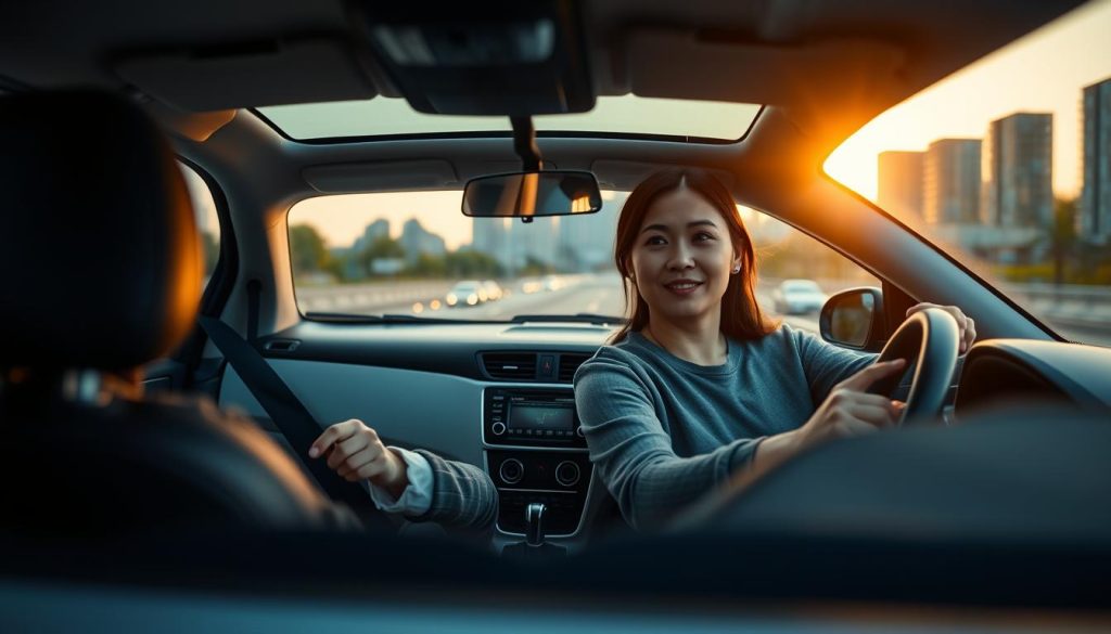 A professional driving instructor guiding a student in a modern car on an urban road. In the foreground, the instructor, a middle-aged Asian man in a smart casual outfit, sits in the driver's seat, looking calm and focused while giving directions. In the passenger seat, a young woman wearing modest, casual clothing attentively listens. The middle ground showcases the car's interior, emphasizing the dashboard and steering wheel, symbolizing instruction and learning. In the background, a sunset casts a warm glow over the cityscape, creating a serene yet dynamic atmosphere that implies movement and opportunity. The lighting is soft and natural, capturing the essence of an afternoon driving lesson, with a slightly blurred depth of field to emphasize the subjects in the car.