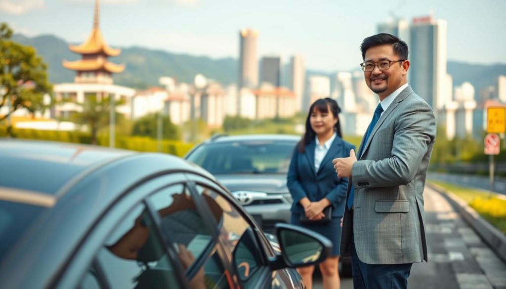 A professional driving instructor standing beside a car on a well-maintained road in Taichung, Taiwan, with scenic city views in the background. The instructor is dressed in smart business attire, demonstrating a welcoming demeanor as they point toward an open space for an upcoming driving lesson. The foreground features the car, showcasing its sleek design, while the middle ground captures the interaction between the instructor and a student, who is attentively listening. The background showcases a bright, sunny day highlighting Taiwan's distinctive architecture and greenery, with a focused atmosphere on learning and skill-building. Soft, natural lighting enhances the scene, giving it an inviting and motivational mood, captured at eye level with a shallow depth of field to emphasize the subjects. A professional driving instructor standing beside a car on a well-maintained road in Taichung, Taiwan, with scenic city views in the background. The instructor is dressed in smart business attire, demonstrating a welcoming demeanor as they point toward an open space for an upcoming driving lesson. The foreground features the car, showcasing its sleek design, while the middle ground captures the interaction between the instructor and a student, who is attentively listening. The background showcases a bright, sunny day highlighting Taiwan's distinctive architecture and greenery, with a focused atmosphere on learning and skill-building. Soft, natural lighting enhances the scene, giving it an inviting and motivational mood, captured at eye level with a shallow depth of field to emphasize the subjects.
