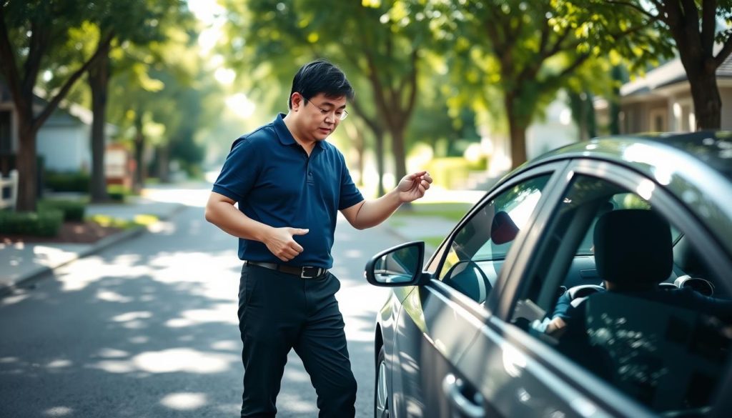 A professional driving instructor stands confidently next to a car on a quiet, tree-lined street, demonstrating a key driving skill. The instructor, a middle-aged Asian man wearing a smart, dark blue polo shirt and black trousers, gestures towards the vehicle's interior, pointing out controls to an attentive female student in casual but neat clothing. The scene is captured from a slightly low angle to emphasize the instructor's authority. Natural sunlight filters through the trees, creating dappled light effects on the pavement. In the background, soft-focus residential houses suggest a friendly neighborhood atmosphere. The overall mood is one of professionalism and mentorship, showcasing the transformative experience of learning to drive with a qualified coach.
