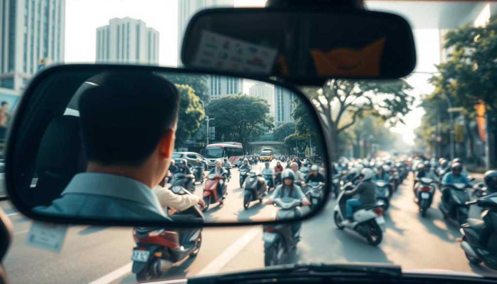 A rearview mirror reflecting a busy urban scene in Taichung, showcasing a bustling street filled with scooters and motorcycles. The foreground features a close-up of the rearview mirror, with the blurred image of a driver in professional attire focused on the road ahead. In the middle, a chaotic intersection appears, with scooters weaving through traffic, highlighting the complexity of navigating in such an environment. The background displays tall buildings and trees, indicating a lively city atmosphere. Soft morning sunlight filters through, casting dynamic shadows and enhancing the sense of motion. The overall mood is alert and focused, capturing the essence of defensive driving in a scooter-dense area. A rearview mirror reflecting a busy urban scene in Taichung, showcasing a bustling street filled with scooters and motorcycles. The foreground features a close-up of the rearview mirror, with the blurred image of a driver in professional attire focused on the road ahead. In the middle, a chaotic intersection appears, with scooters weaving through traffic, highlighting the complexity of navigating in such an environment. The background displays tall buildings and trees, indicating a lively city atmosphere. Soft morning sunlight filters through, casting dynamic shadows and enhancing the sense of motion. The overall mood is alert and focused, capturing the essence of defensive driving in a scooter-dense area.