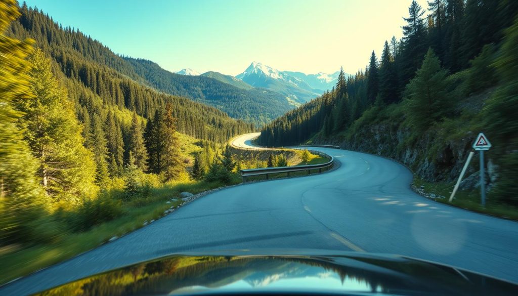 A scenic mountain road curving dramatically through lush greenery, with a focus on a skilled driver entering a bend in a sleek, modern vehicle. The foreground shows the car positioned at an angle, its tires slightly turned, indicating action. In the middle ground, the winding path continues to disappear into a dense forest, showcasing varying shades of green. The background features majestic mountains capped with a hint of snow under a clear blue sky, providing depth and context. Soft, natural lighting illuminates the scene, creating a serene yet adventurous atmosphere. The angle captures the essence of maneuvering through a mountain road, illustrating the technique of navigating sharp turns effectively.